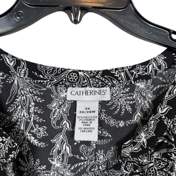Catherines Tunic Top Blouse Size 3X 26/28W Black White Floral Button Up Roll Tab - Picture 3 of 6